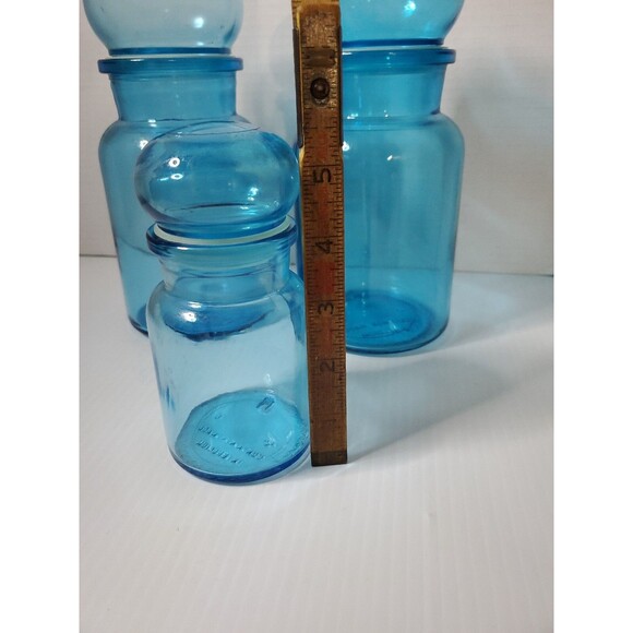 RARE Vtg Blue Glass Apothecary Bubble Lid Jars Bottles Set Of 3 MCM Belgium - Picture 3 of 14